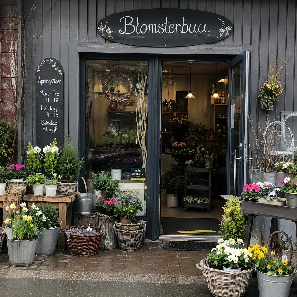 Front entrance of a flower shop called 'Blomsterbua' with potted plants and flowers outside, and a black sign with white lettering displaying opening hours in Norwegian.