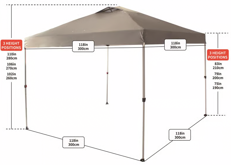 Diagram of a canopy tent with dimensions and height adjustments labeled for each leg, showing the height positions from 83 inches to 110 inches.