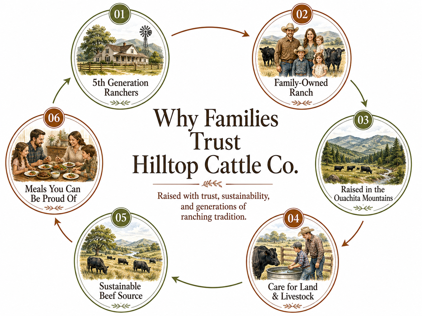 Cycle diagram illustrating reasons why families trust Hiltop Cattle Co., starting with 5th generation ranchers, family-owned ranch, raised in the Ouachita Mountains, care for land and livestock, sustainable beef source, and meals families can be proud of.