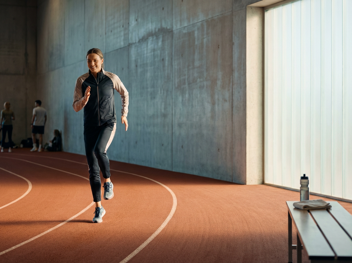A woman jogging on an indoor track with a concrete wall and windows behind her, water bottle and towel on a bench nearby.
