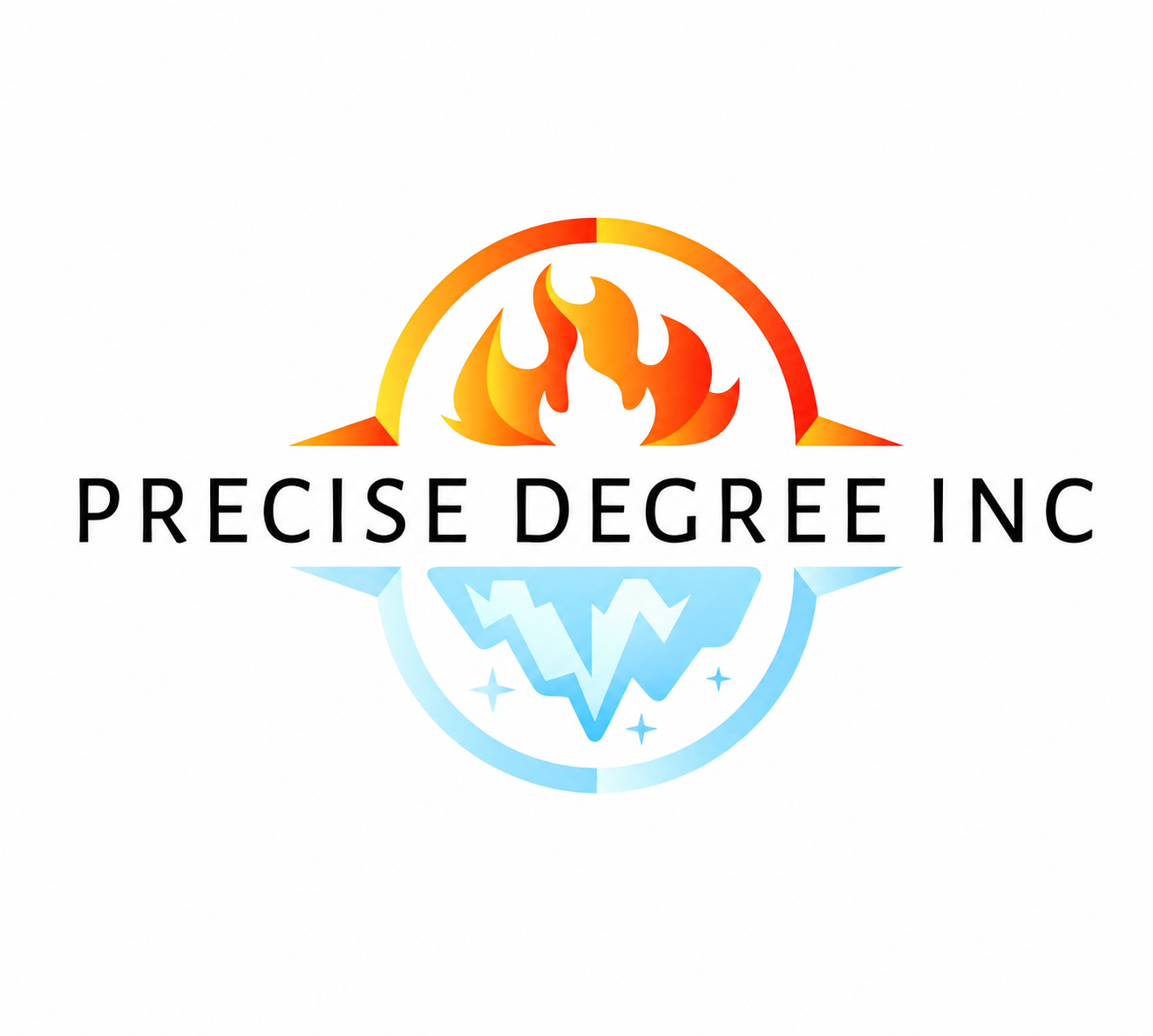 Logo with a stylized flame above the words 'PRECISE DEGREE INC', divided blue and orange lightning bolt and star elements in a circle.