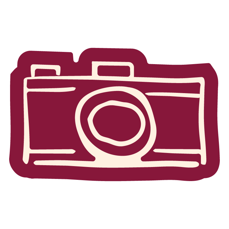 Illustration d'un appareil photo simplifié, en lignes blanches sur fond violet foncé.