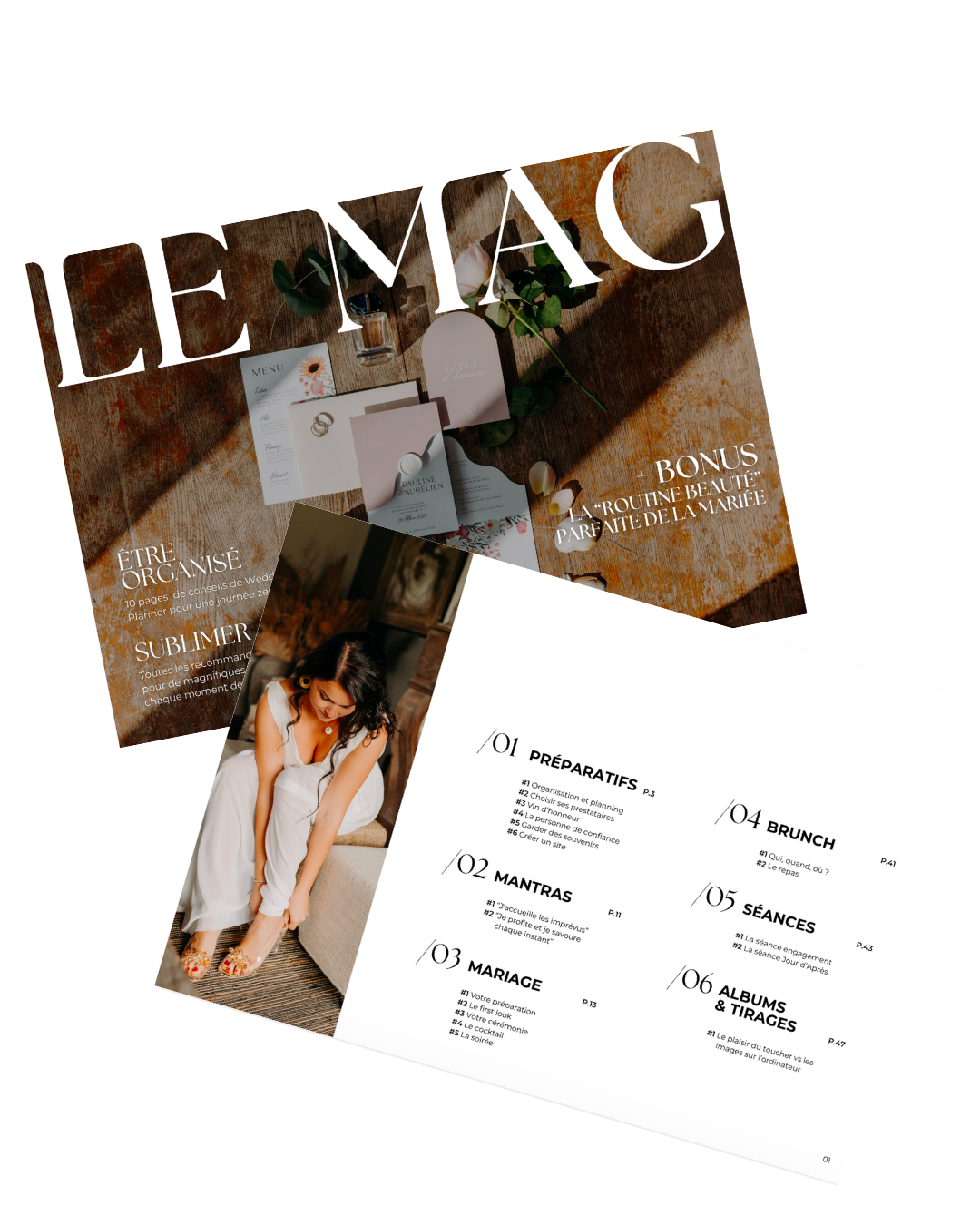 Page de magazine avec un menu de mariage, un livre et une photo d'une femme en robe de mariée ajustant ses chaussures, sur un sol en bois, avec une lumière douce.