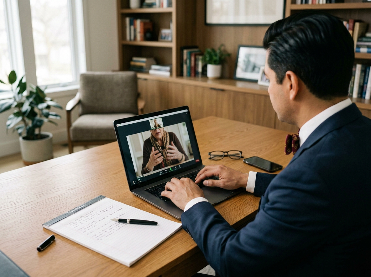 Man in a suit participating in a video call on a laptop, with a woman appearing on the screen, sitting in a well-lit room with bookshelves and a window in the background.