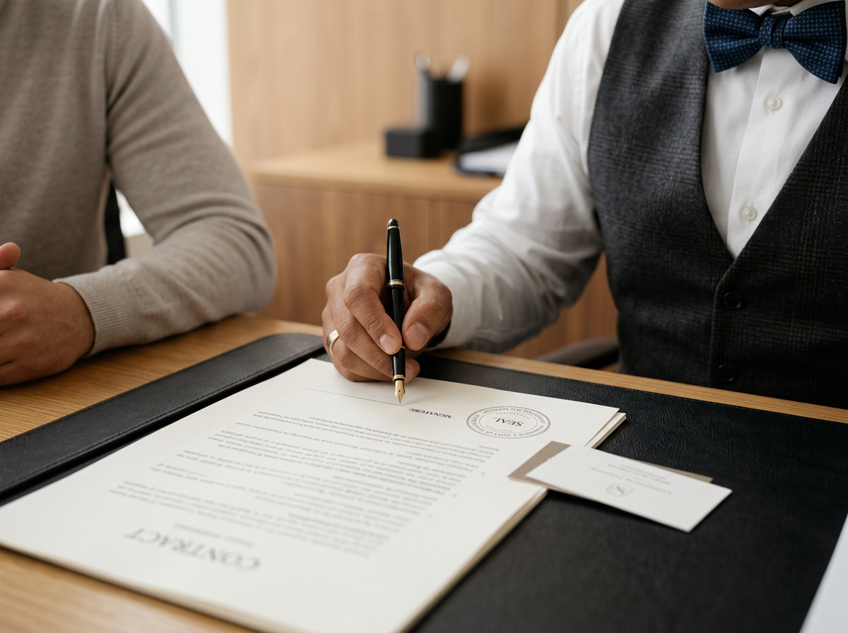 Someone signing a contract with a pen at an office desk.