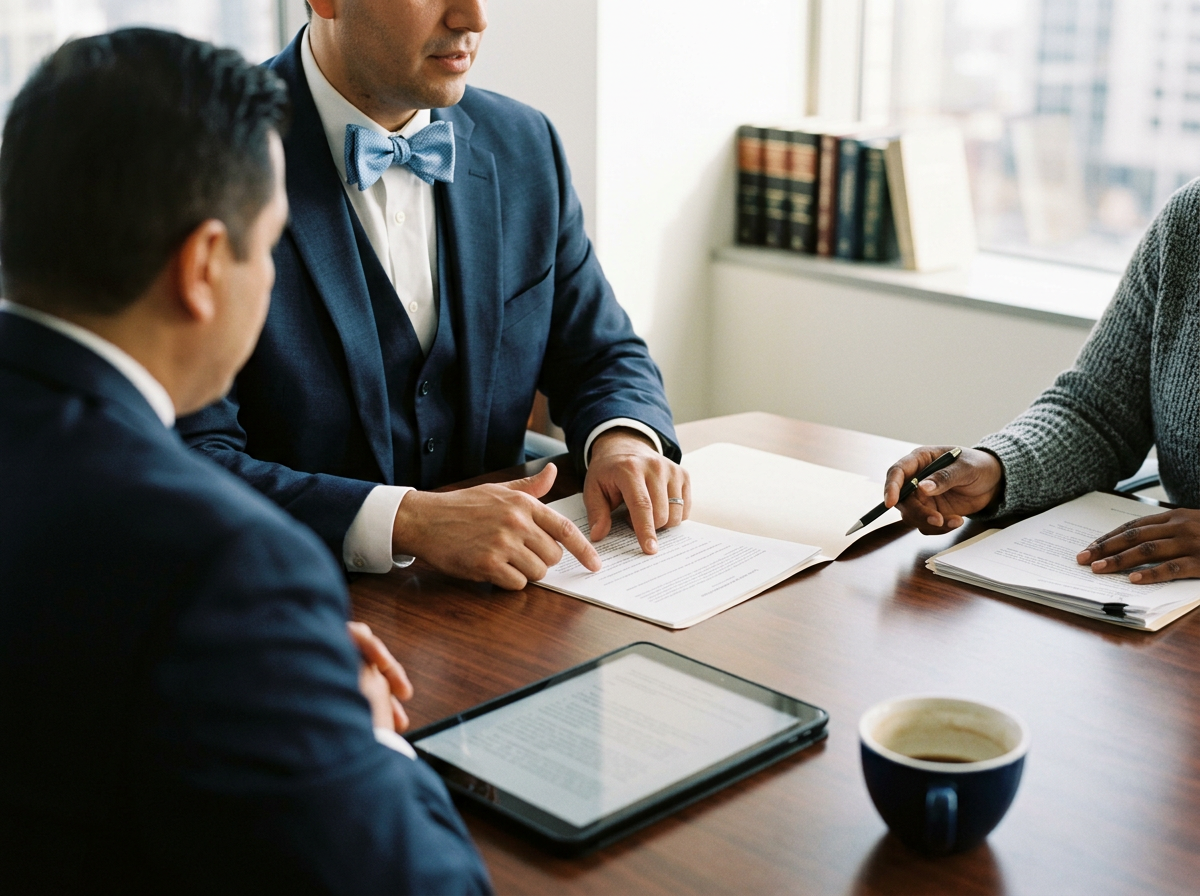 Three people sitting at a wooden table in a bright office, engaged in a discussion with documents, a tablet, and a coffee cup in view.