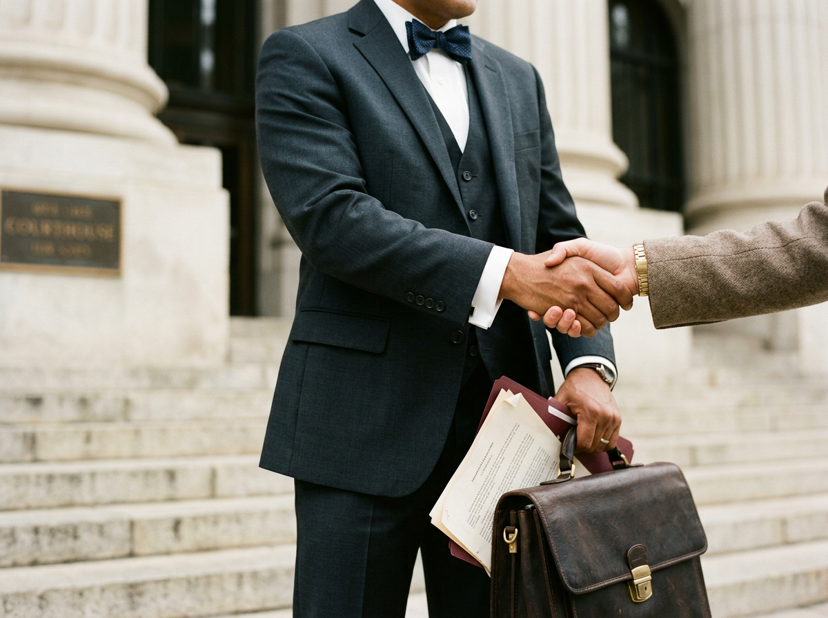 Close-up of two men shaking hands outside a courthouse building, one in a dark suit holding documents and a leather briefcase.