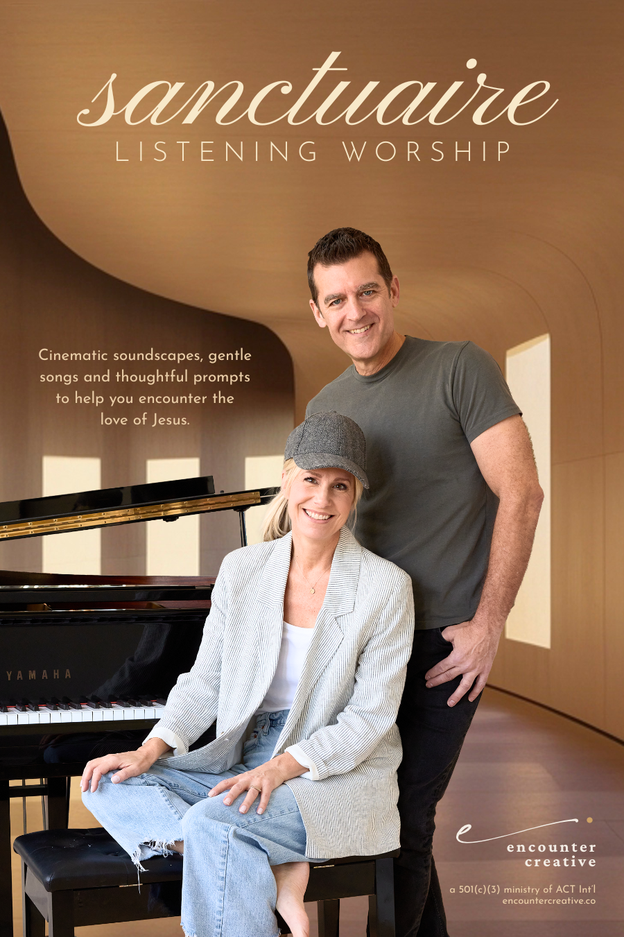 A man and woman smiling near a grand piano inside a modern wood-paneled church with text about sanctuary listening worship and encountering the love of Jesus.