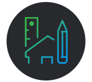 Outline of a house, ruler, and pencil in a digital icon style