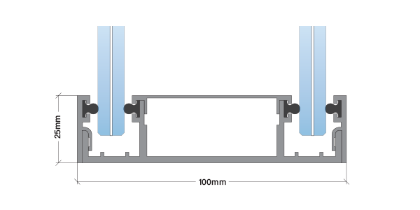 Cross-sectional diagram of a frame with two blue vertical bars, gray side components, and measurements of 24mm height and 100mm width.