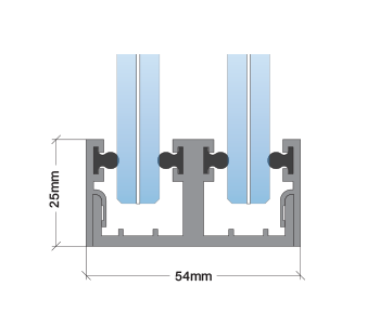 Cross-sectional diagram of two transparent tubes inside a black housing with measurements of 25mm and 54mm.