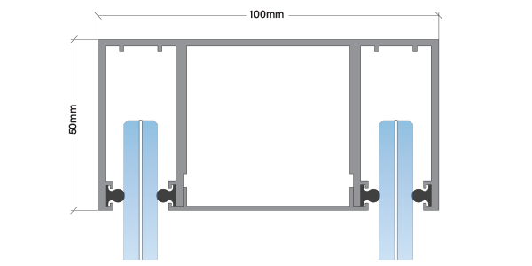 Technical drawing of a structural component with dimensions 100mm by 68mm, featuring two vertical channels and a horizontal connecting piece, with blue elements at the bottom.