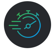 A speedometer graphic with a needle pointing to the right, suggesting fast speed or performance.