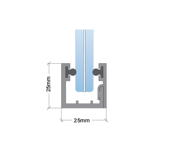 Technical drawing of a cross-section of a window or door frame with blue glass panel and detailed measurements.