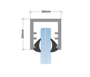 Cross-sectional diagram of an aluminum extrusion profile measuring 30mm by 30mm with a slot and a blue object inserted into the slot.