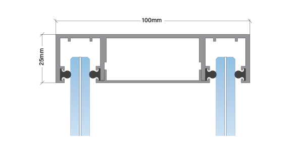 Technical drawing of a metal frame with two vertical blue pipes attached.