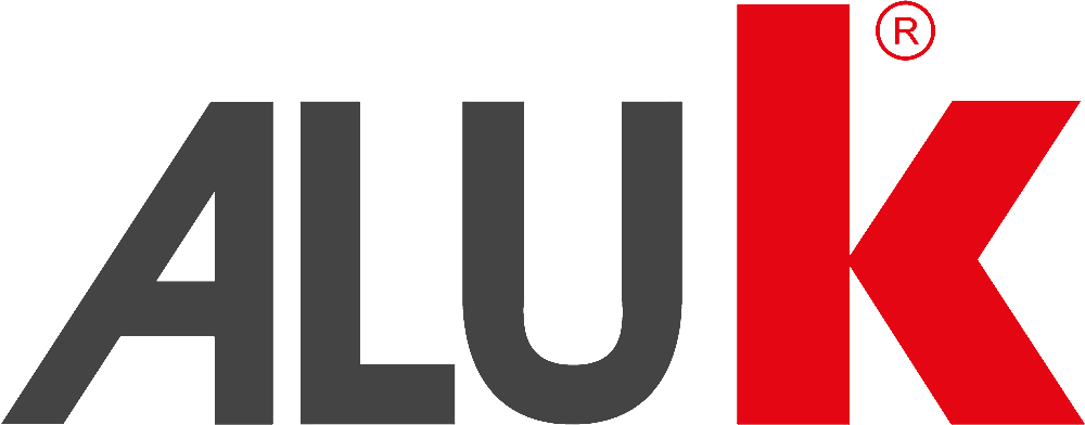 The logo features the word "ALUK" with the first three letters in dark gray and the last letter "K" in bold red, with a small registered trademark symbol above and to the right of the "K."