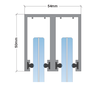 A technical drawing of a dual electrical or mechanical component with dimensions 54mm wide and 85mm tall, featuring blue elements inside a gray frame.