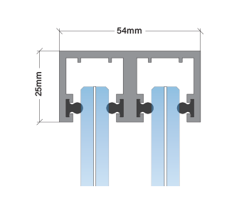 Diagram of two blue and gray electronic components with measurements of 54mm width and 25mm height.