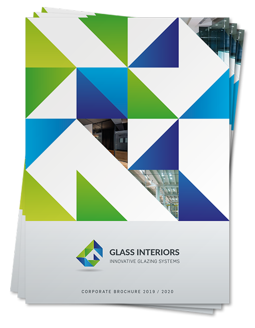 Cover of Glass Interiors corporate brochure with colorful geometric patterns and company logo for innovative glazing systems, dated 2019/2020.