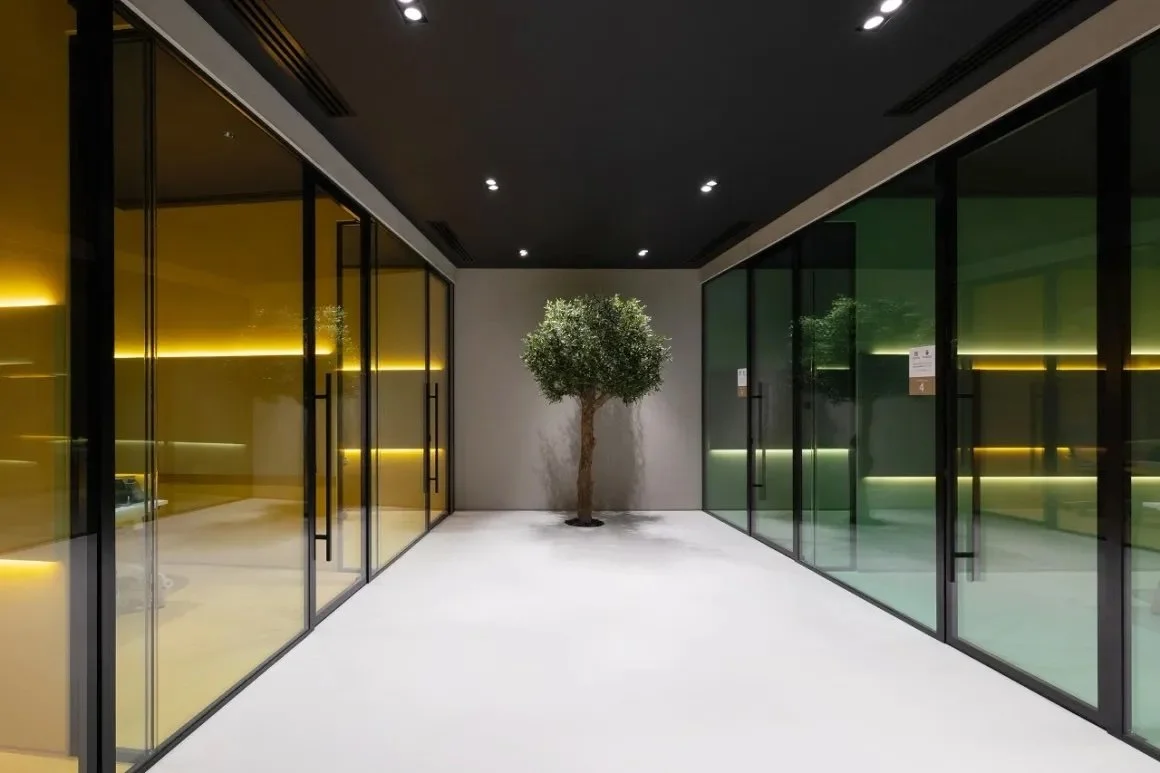 A minimalist indoor corridor with a potted tree in the center, glass walls with black frames on both sides, and a gray ceiling with recessed lighting.
