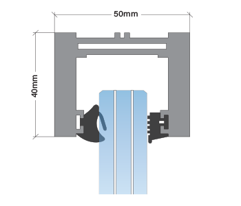Technical drawing of a metal frame with measurements and a blue and white component in the center.