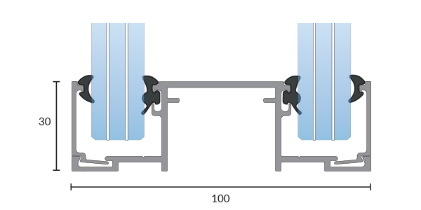 Cross-section of a double-glazed window frame showing glass panes, seals, and structural components with measurements.