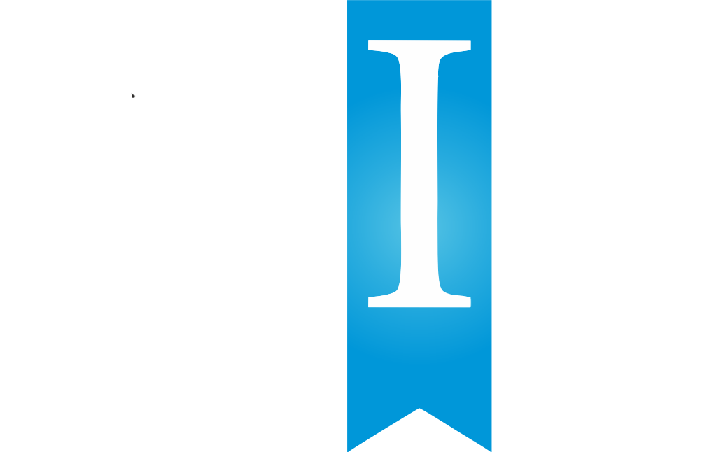 Part of a logo with a large white letter 'I' on a blue background