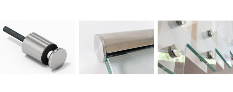 Close-up of machinery components including a threaded bolt, a roller, and glass panels with mounting hardware.
