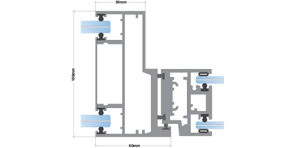 Diagram of a black aluminum window frame cross-section with blue insulated glass panes.