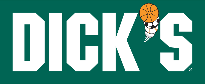 The word DICKS in white block letters on a green background, with the letter K's internal shape replaced by a cartoon-style sneaker with a basketball, soccer ball, and tennis ball on top.