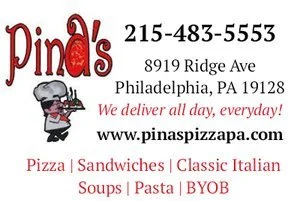 Pizza restaurant flyer for Pina's, featuring a phone number, address in Philadelphia, PA, website, and menu items: pizza, sandwiches, classic Italian, soups, pasta, and BYOB, with a slogan 'We deliver all day, everyday!'