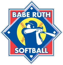 Logo for Babe Ruth Softball featuring a cartoon girl with a ponytail swinging a softball bat inside a star-shaped design