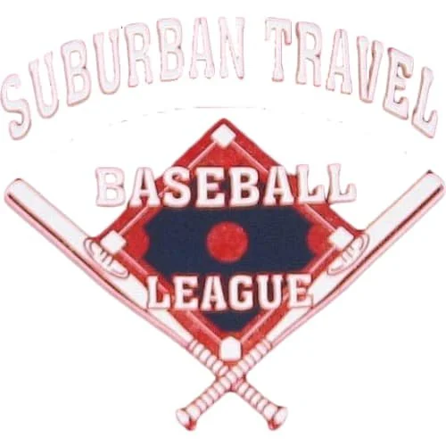 Logo for Suburban Travel Baseball League featuring crossed baseball bats and a baseball diamond with a baseball in the center.