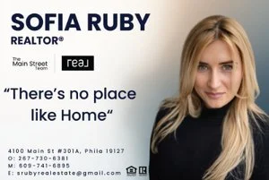 Business card for Sofia Ruby, a realtor, with her photo, contact details, and the quote 'There's no place like Home.'