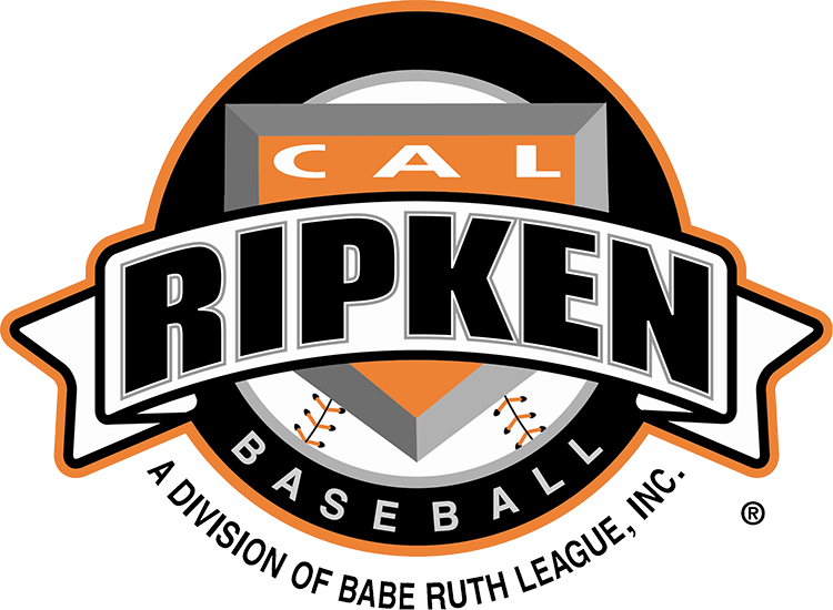 Logo of Cal Ripken Baseball featuring a shield with the name 'Cal Ripken' and baseball bats, with black, orange, and gray colors.