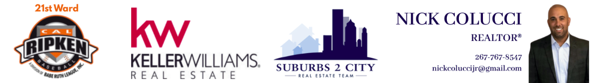 A promotional banner featuring the 21st Ward CAL Ripken Baseball logo, Keller Williams Realty logo, Suburbs 2 City Real Estate Team logo, and a professional headshot of Nick Colucci, a realtor with contact information.