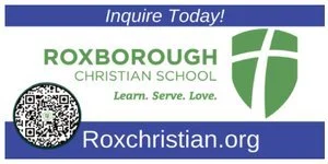 Logo of Roxborough Christian School with the text 'Inquire Today!', 'Learn. Serve. Love.', and the website 'Roxchristian.org'.