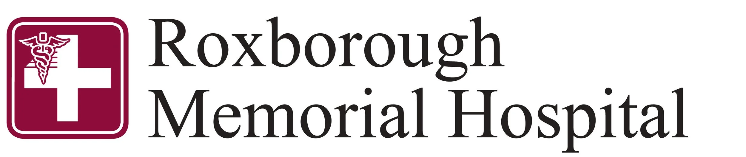 Logo of Roxborough Memorial Hospital with a medical cross, a caduceus, and text.
