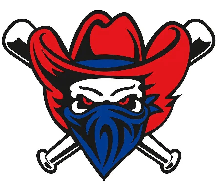 A stylized drawing of a cowboy with a red hat and bandana, and an angry face, with two crossed swords behind his head.