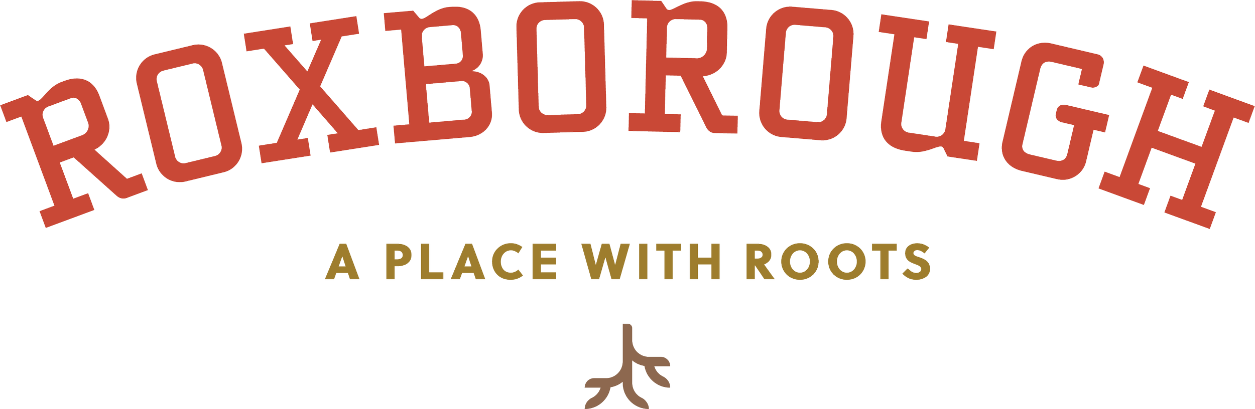 The logo of Roxborough Development Corp. featuring the word "Roxborough" in large, curved, red letters, with the tagline "A PLACE WITH ROOTS" beneath in smaller, yellowish-brown text, and a small, stylized tree beneath the tagline.