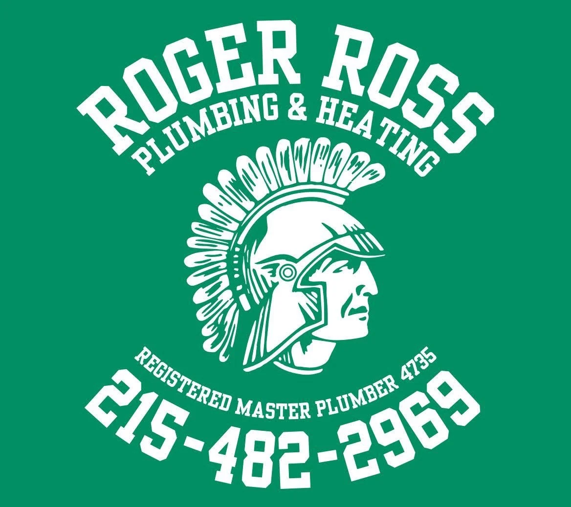 Green logo for Roger Ross Plumbing & Heating featuring a white illustration of a Native American chief portrait with a feathered headdress, company name, and phone number.