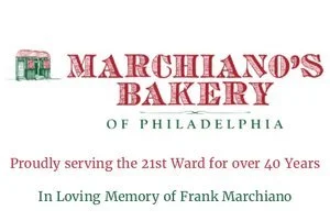 Sign for Marchiano's Bakery in Philadelphia, celebrating over 40 years, with a message in memory of Frank Marchiano.