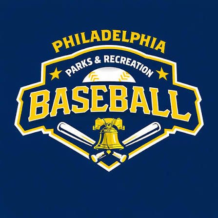 Philadelphia Parks & Recreation baseball logo with a shield design, baseball, crossed bats, and the Liberty Bell.