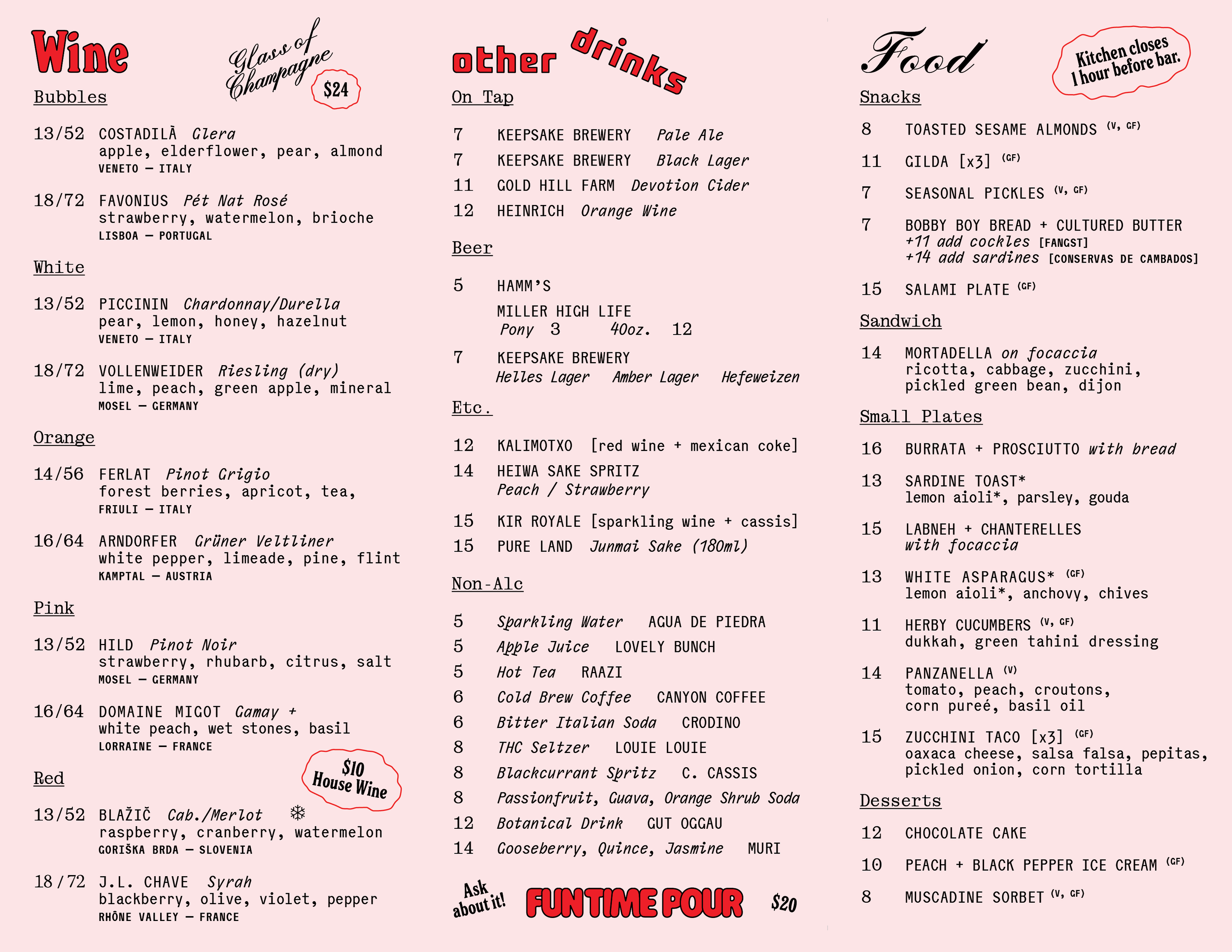 Menu with various lists of drinks, wines, beers, snacks, sandwiches, non-alcoholic drinks, desserts, and prices on light pink background.