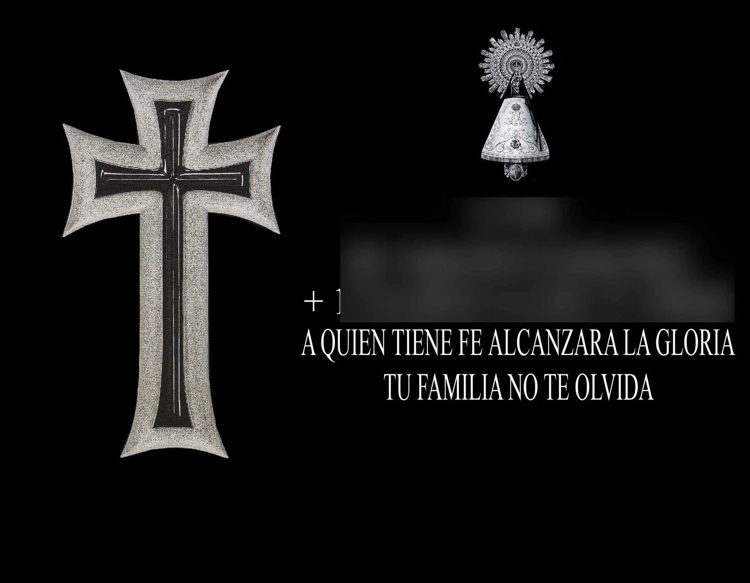 Lápida en granito negro presidida por la cruz modelo Yelena, caracterizada por un cuidado contorno tallado y un laborioso fondo repicado a mano que realza el relieve del diseño, y combinada con una grabación laser de la Virgen del Pilar. Obra artesan