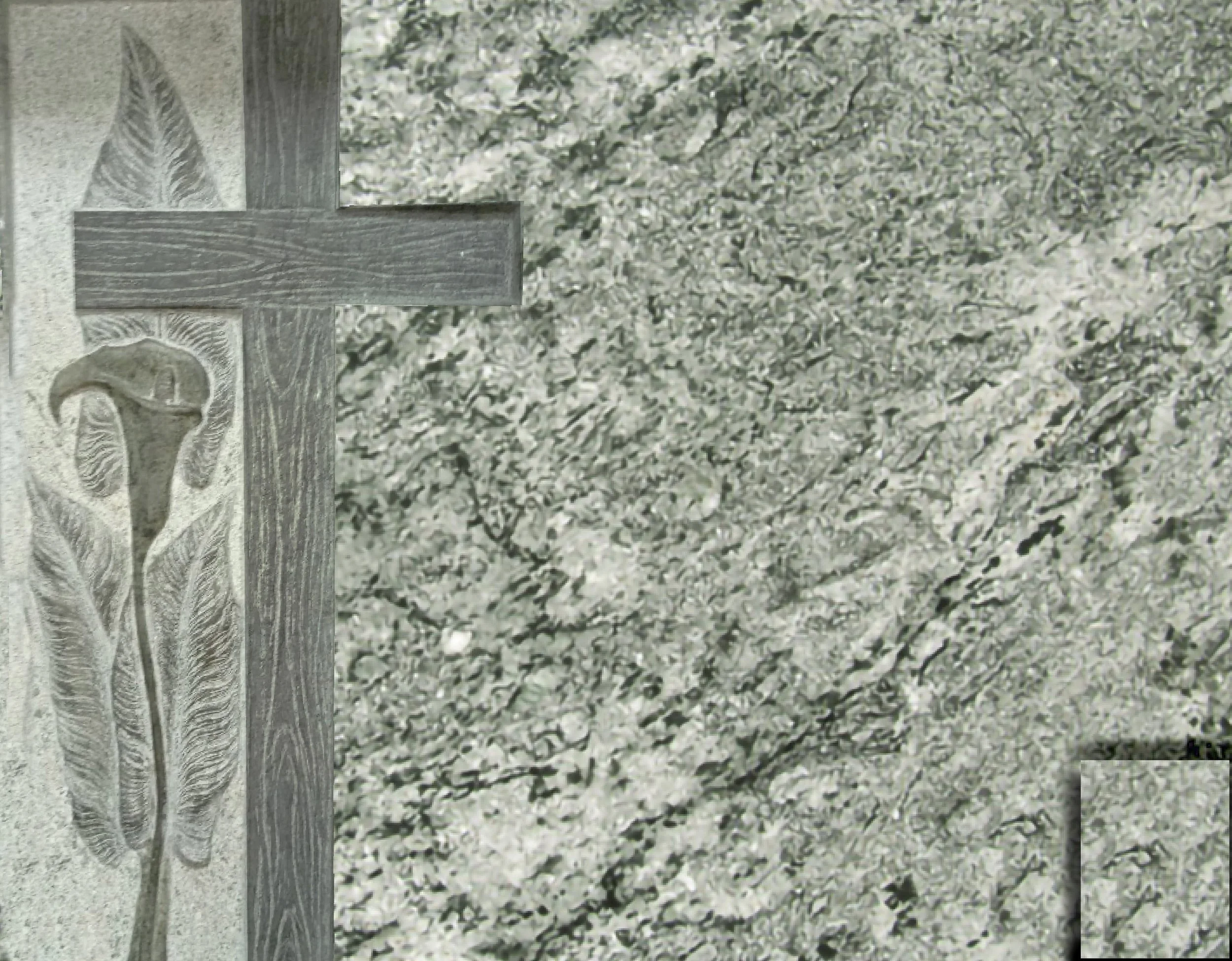 Lápida en granito verde con cruz y diseño floral de cala en bajorrelieve sobre un fondo repicado de acabado mate. Presenta un elegante contraste al combinarlo con zonas pulidas donde van la fotografía, las inscripciones y el búcaro. Pieza de arte fun
