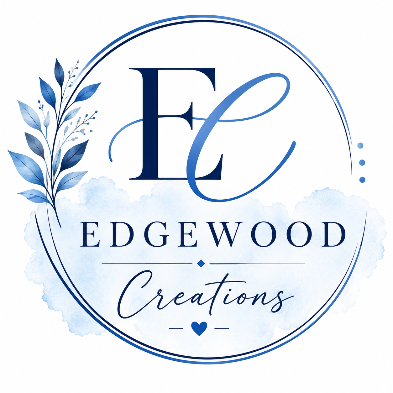 Blue logo for Edgewood Creations with decorative leaves and clouds, featuring large initials 'E' and 'C' and elegant script text.