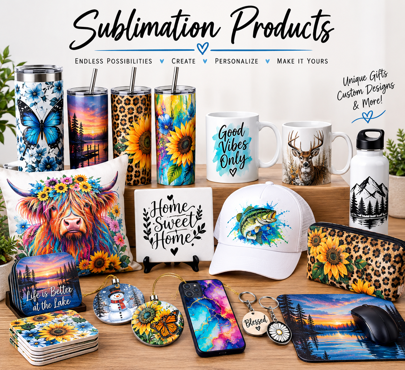 A display of custom sublimation products including tumblers, mugs, a pillow, a cap, a wallet, coasters, keychains, and electronic accessories with colorful nature and animal designs, along with personalized signs and a water bottle.