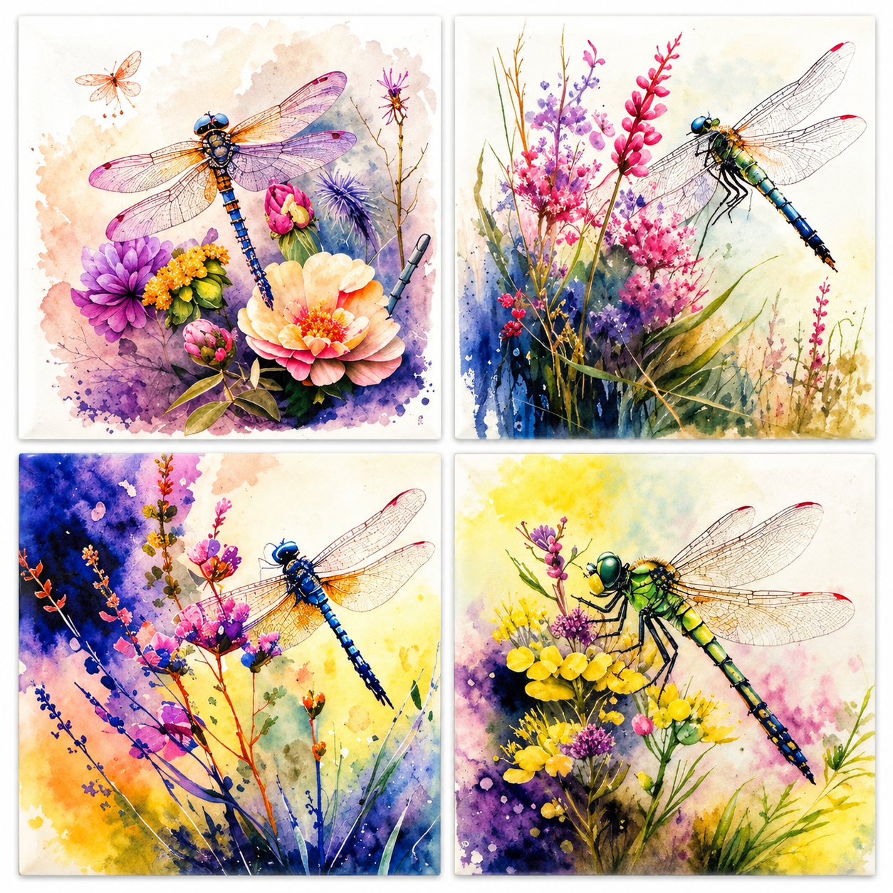 Dragonfly & Wildflower Watercolor Coaster Set – 4 Piece Pack
